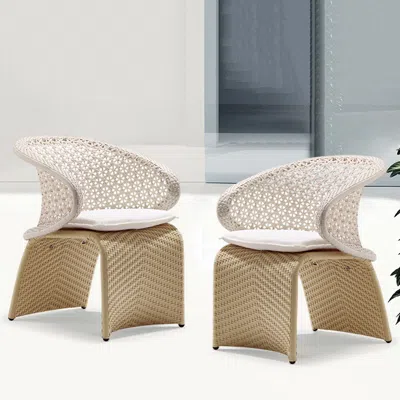 Homary Aluminum & Rattan Outdoor Patio Dining Armchair Chair In White & Khaki (set Of 2) In Brown
