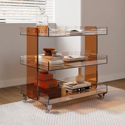 Homary Amber Acrylic Rolling Serving Bar Cart 3-tier On Wheels In Brown