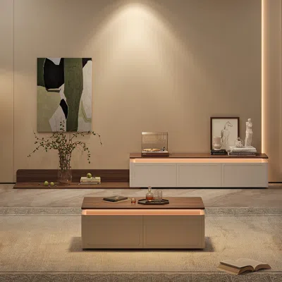 Homary Ambra Modern Tv Stand Retracted & Extendable 3-drawer Light Media Console Walnut & White Coffee Tabl In Brown