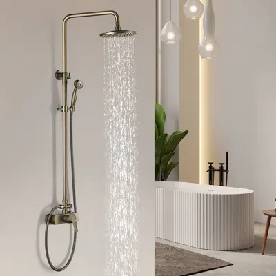 Homary Antique Brass Exposed Wall Mount Shower System With 8" Rain Shower Head And Hand Shower In White