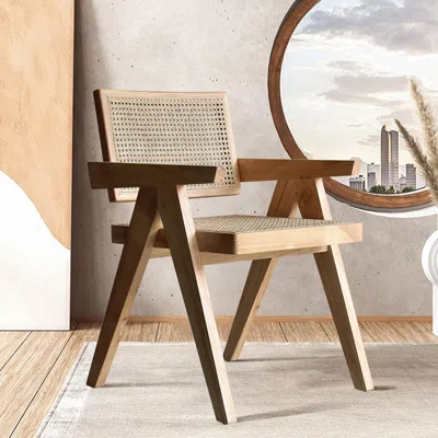 Homary Archic Natural Japandi Rattan Set Of 2 Dining Chair With Solid Wood Frame In Brown