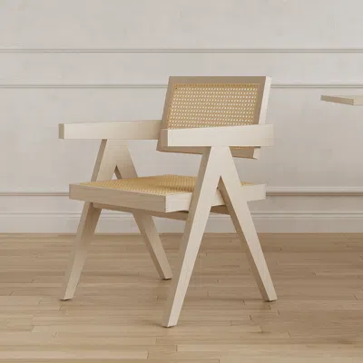 Homary Archic Set Of 2 Japandi Bleached Wood Rattan Dining Chair With Solid Wood Frame In White