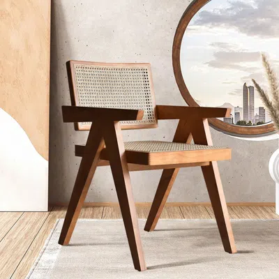 Homary Archic Walnut Japandi Rattan Dining Chair With Solid Wood Frame 8-pieces In Brown