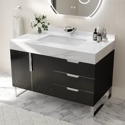 Homary Aro 35" Black Freestanding Single Sink Bathroom Vanity Drawers Doors Faux Marble Top