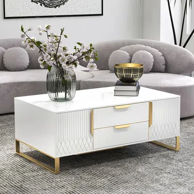 Homary Aro Modern White Rectangular Coffee Table With Storage Of Drawers & Doors In Gold