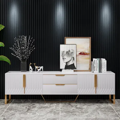 Homary Aro Modern White Wood Tv Stand With 2 Drawers & 4 Doors Media Console For 80" Tvs
