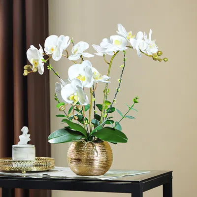 Homary Artificial Flower Realistic White Orchids In Vase Set Gold Brushed Ceramic Flower Pots In Multi