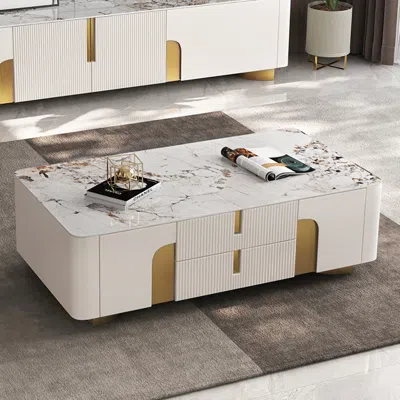 Homary Artus Modern Beige Rectangle Large Coffee Table Drawers Sintered Stone Gold Base In White