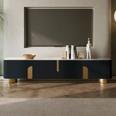 Homary Artus Modern Black Tv Stand Stone Top 4 Doors With Storage Media Console Tvs Up To 85" In Blue
