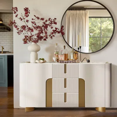 Homary Artus Modern White 59"w Sintered Stone Sideboard 3 Drawers Kitchen Buffet Table