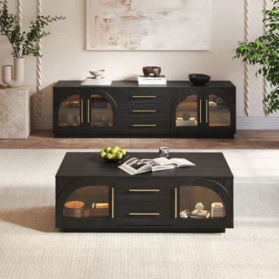 Homary Arune 72" Mid Century Modern Black Tv Stand Coffee Table Set With Led Lights And Arched Glass Cabine