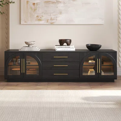 Homary Arune 72" Mid Century Modern Black Tv Stand With Led Lights And Arched Glass Cabinet Doors