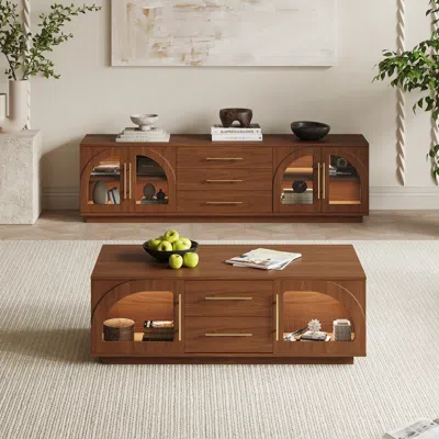 Homary Arune 72" Mid Century Modern Walnut Tv Stand Coffee Table Set With Led Lights And Arched Glass Cabin In Brown