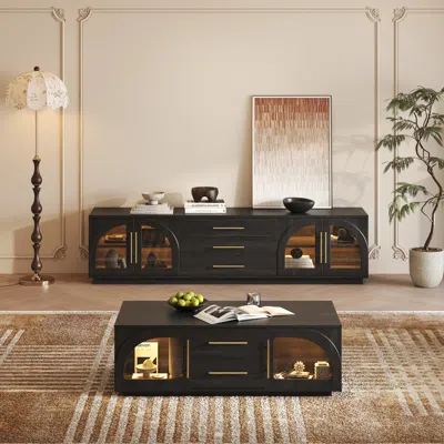 Homary Arune 80" Mid Century Modern Black Tv Stand Coffee Table Set With Led Lights And Arched Glass Cabine In Green