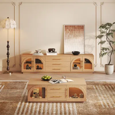 Homary Arune 80" Mid Century Modern Black Tv Stand Coffee Table Set With Led Lights And Arched Glass Cabine In Brown