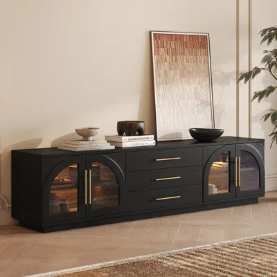 Homary Arune 80" Mid Century Modern Black Tv Stand With Led Lights And Arched Glass Cabinet Doors