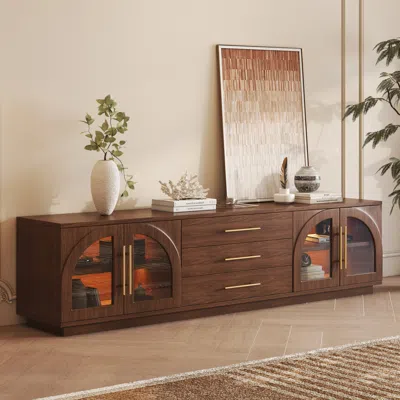 Homary Arune 80" Mid Century Modern Walnut Tv Stand With Led Lights And Arched Glass Cabinet Doors In Neutral