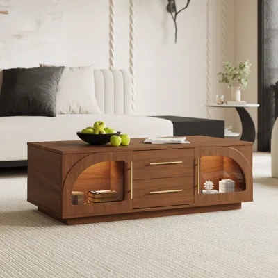 Homary Arune Arched Glass Coffee Table Modern Walnut Living Room Furniture With Storage And Led Light In Brown