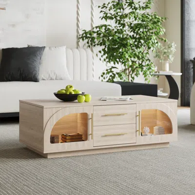 Homary Arune Arched Glass Coffee Table Modern Whitewash Living Room Furniture With Storage And Led Light