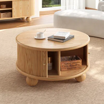 Homary Ash Solid Wood Mid Century Modern Round Coffee Table With Storage In Brown
