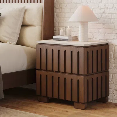Homary Ash Wood 2-drawer Nightstand With Faux Travertine Top In Brown