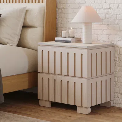 Homary Ash Wood 2-drawer Nightstand With Faux Travertine Top In Neutral