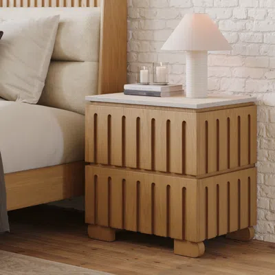 Homary Ash Wood 2-drawer Nightstand With Faux Travertine Top Set Of 2 In Brown