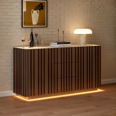 Homary Aura 60" Faux Travertine Top Buffet Sideboard With Ash Wood Slatted Panels & Light In Brown