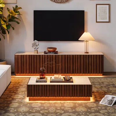 Homary Aura 83" Mid-century Modern Ash Wood Slatted Walnut Tv Stand Coffee Table Set With Travertine Veneer In Brown