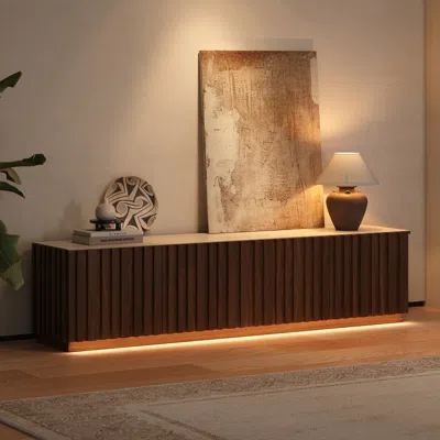 Homary Aura 83" Mid-century Modern Ash Wood Slatted Walnut Tv Stand With Travertine Veneer Top In Brown