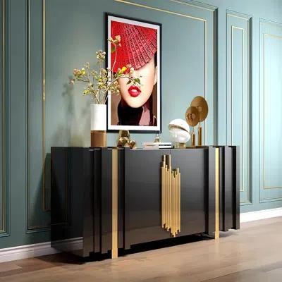 Homary Aurea 63" Light Luxury Sideboard Black Rectangular Buffet With 2 Doors 2 Shelves In Gold
