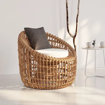 Homary Austen Rattan Outdoor Barrel Chair Nest Shape Sidechair With Cushion In Brown