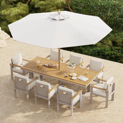Homary Axis 10 Pieces Rectangle Wood & Aluminum Outdoor Patio Dining Set With Central Pillar Umbrell In Brown