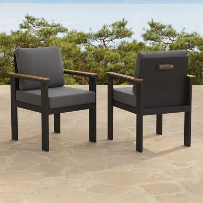 Homary Axis 2 Pcs Teak & Aluminum Outdoor Dining Chair Modern Yard & Patio Furniture In Grey Cushion & Pill In Black