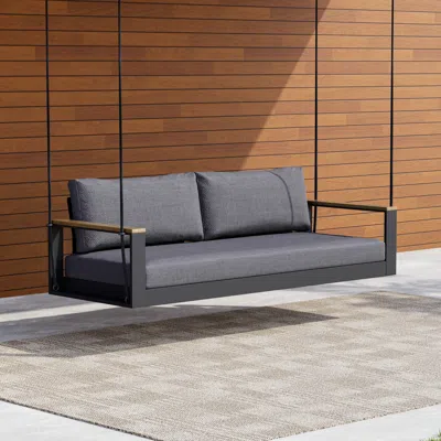 Homary Axis 2 Seater Solid Wood Outdoor Hanging Chair Sofa Porch Swing Bench In Gray Cushion & Pillow Inclu