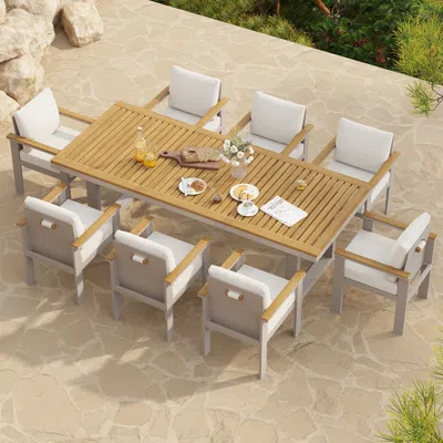 Homary Axis Rectangle Teak Wood & Aluminum Outdoor Patio Dining Table Modern Yard & Patio Furniture For 6 - In White