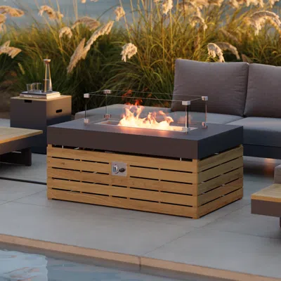 Homary Axis Smokeless Propane Fire Pit Table With Glass Wind Guard, Dual-tone Teak Base For Modern Outdoor  In Brown