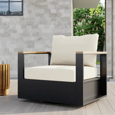 Homary Axis Teak & Aluminum Outdoor Swivel Chair Modern Yard & Patio Furniture In Beige Cushion Included In White