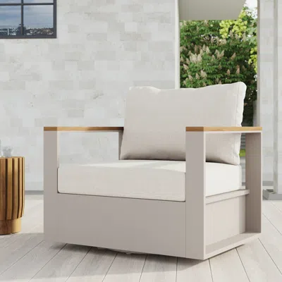 Homary Axis Teak & Aluminum Outdoor Swivel Chair Modern Yard & Patio Furniture In Warm White Cushion Includ
