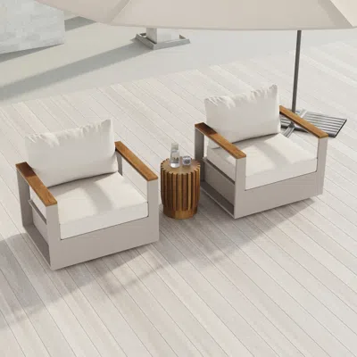 Homary Axis Teak & Aluminum Outdoor Swivel Chair Modern Yard & Patio Furniture In Warm White Cushion Includ