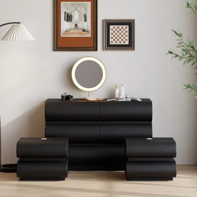 Homary Bedroom Dresser & Nightstands Set Leather Black 6-drawer Dresser Chest & 2 Black Leather Smart Night