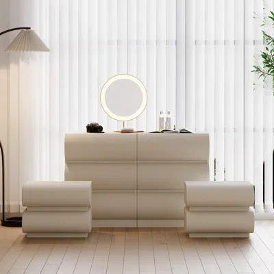 Homary Bedroom Dresser & Nightstands Set Leather White 6-drawer Dresser Chest & 2 White Leather Smart Night In Neutral