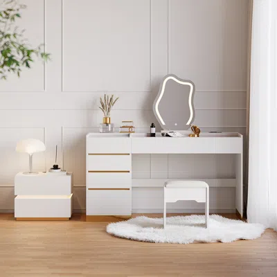 Homary Bedroom Nightstands & Vanity Desk Set 2 Led 2-drawer Smart Nightstands & White Makeup Vanity With Le
