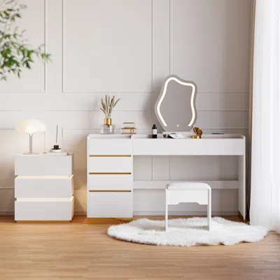 Homary Bedroom Nightstands & Vanity Desk Set 2 Led 3-drawer Smart Nightstands & White Makeup Vanity With Le