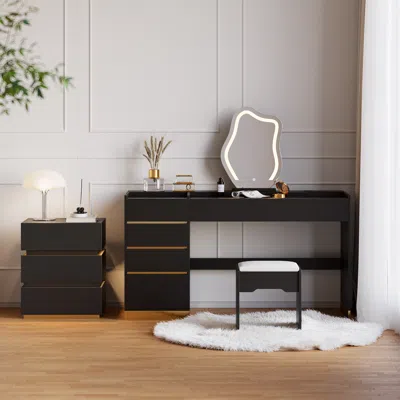 Homary Bedroom Nightstands & Vanity Desk Set 2 Led Black 3-drawer Smart Nightstands & Black Makeup Vanity W