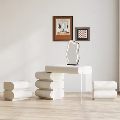 Homary Bedroom Nightstands & Vanity Desk Set 2 White Leather Smart Nightstands & White Makeup Vanity Set