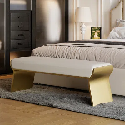 Homary Beige Modern Stainless Steel Bench Leath-aire Upholstered Bedroom 63" Long Bench In Gold