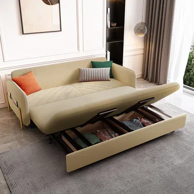 Homary Beige Pull Out Daybed With Storage Upholstered Folding Sofa Bed In Neutral