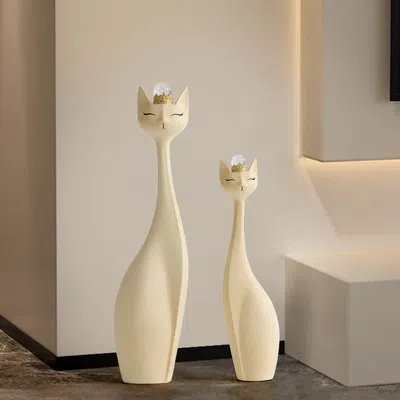 Homary Beige Resin Cat Figurine Set – 31.5" & 24" With Crystal Crowns In Neutral