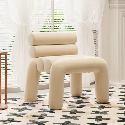 Homary Beige Velvet Accent Chair Upholstery Horizontal Channeled For Living Room In Neutral
